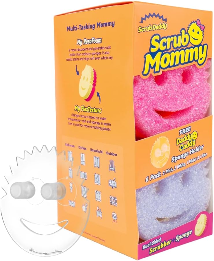 Scrub Daddy 6 إسفنجات سكرب مومي و 1 حامل إسفنجات دادي كادي - خالية من الخدوش للأطباق والتنظيف المتعدد الاستخدامات - خالية من BPA ومصنوعة من رغوة البوليمر - مقاومة للبقع والروائح - Image 1